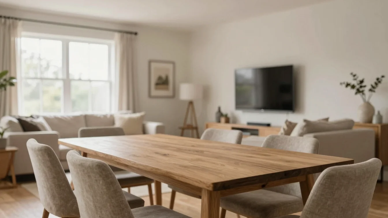 Interior detail of an open-plan dining and living area, soft window light, oak dining table, linen textiles, wide framin