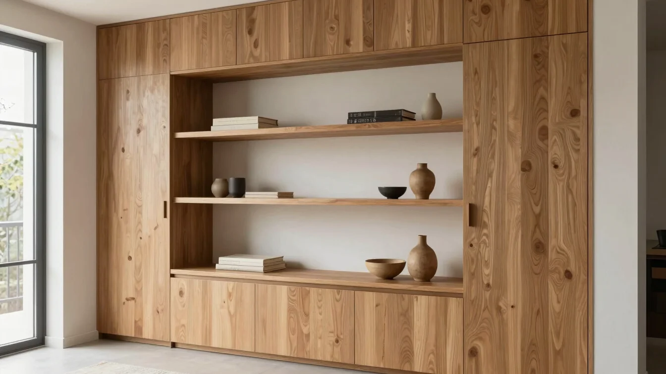 Close view of a built-in entryway storage wall in warm oak and white, natural light from a side window, neatly styled mi