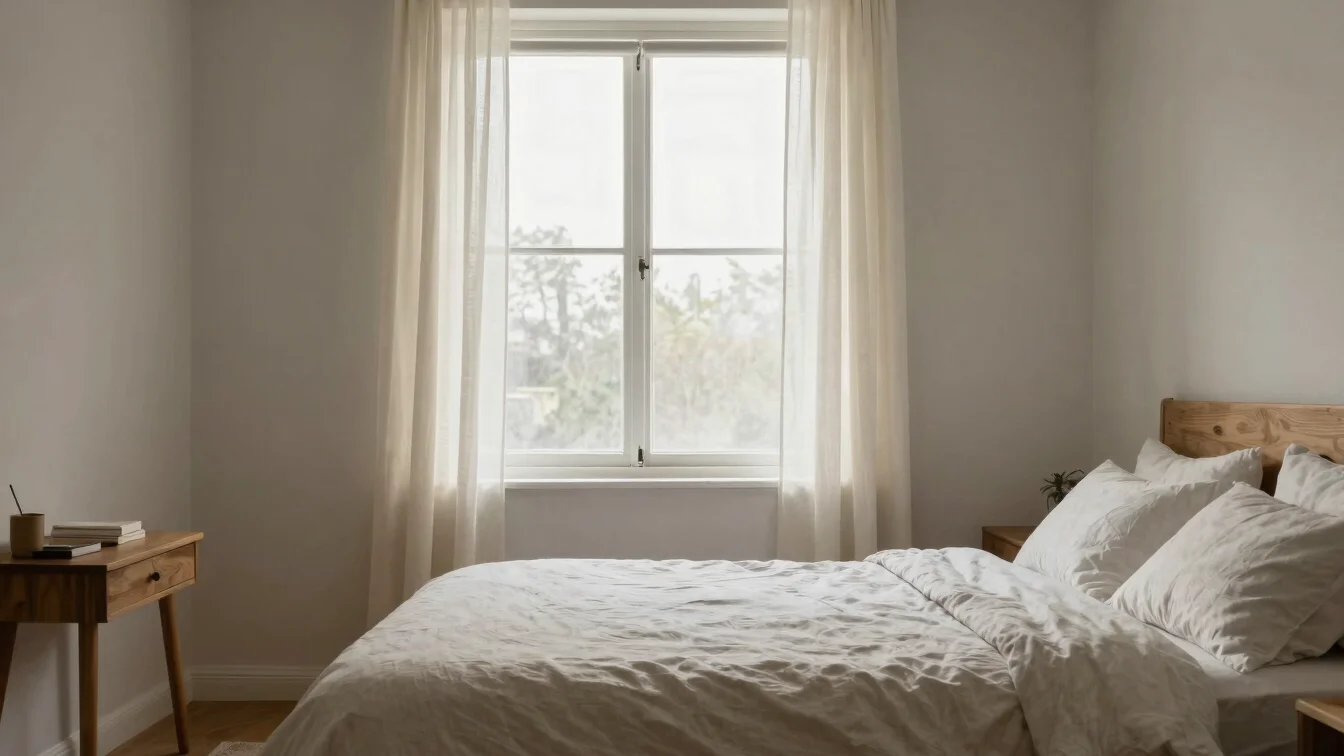 Bedroom interior with soft morning window light, linen bedding, warm wood bedside table, muted wall tone, standard lens,