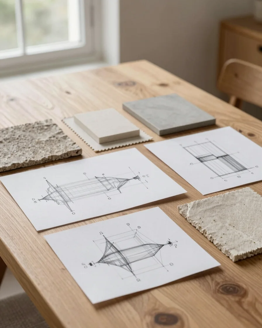 Warm editorial still life of design sketches, material swatches o