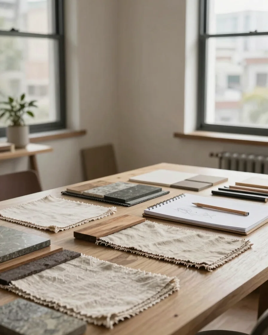 Interior design studio editorial photograph, a designer's worktab