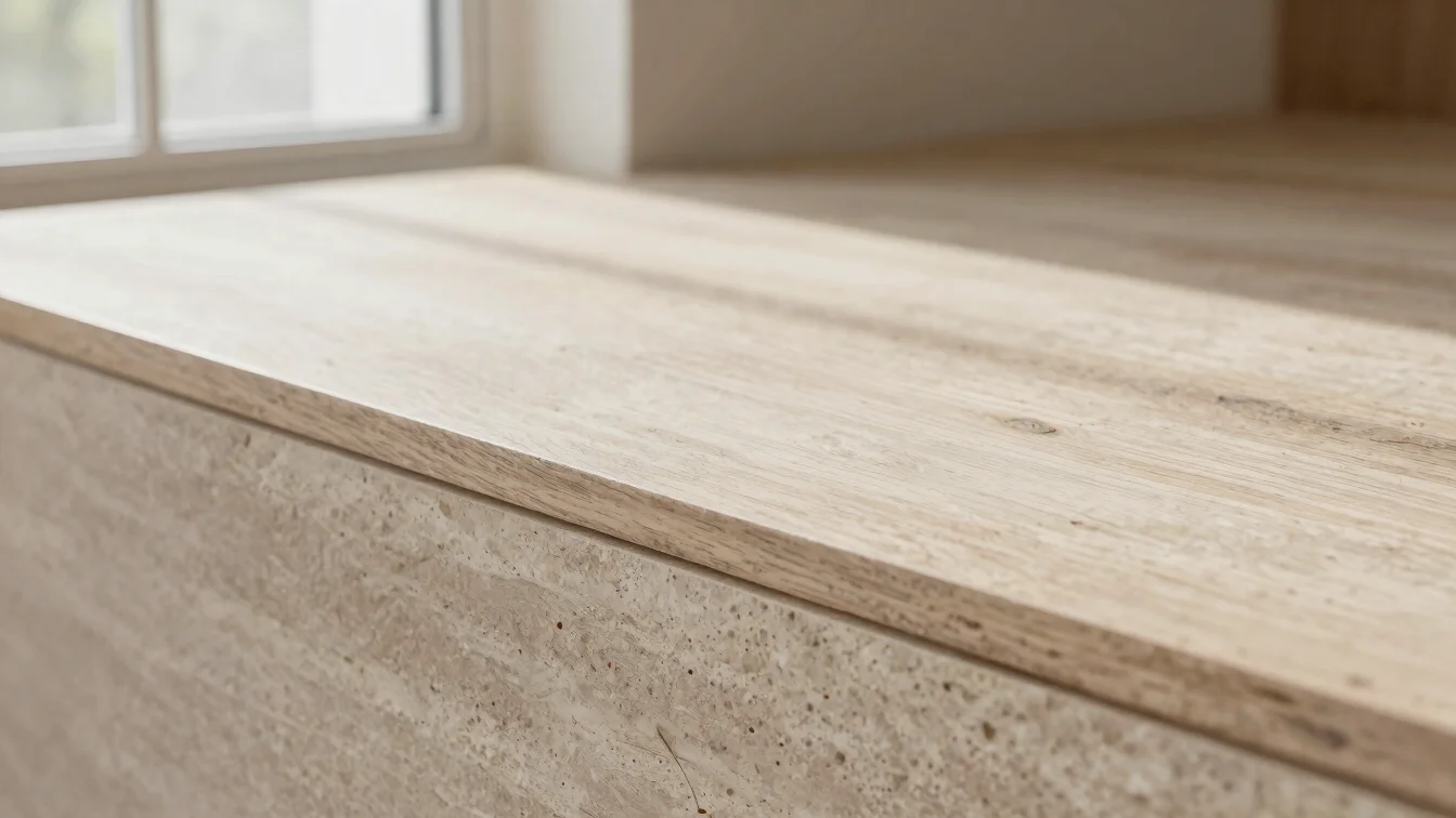 Close-up editorial photograph of fine wood joinery seam and natural stone texture on a completed interior surface, soft