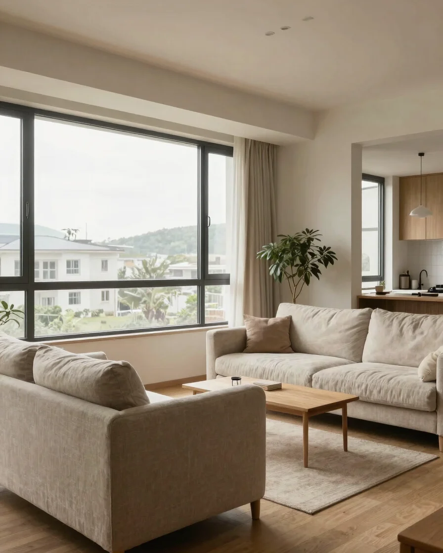 Editorial interior photograph of a bright Taiwanese apartment liv