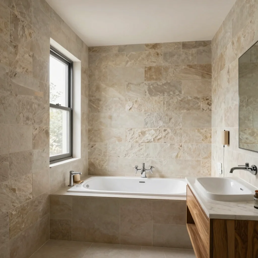 Editorial photograph of a completed bathroom with soft diffused n