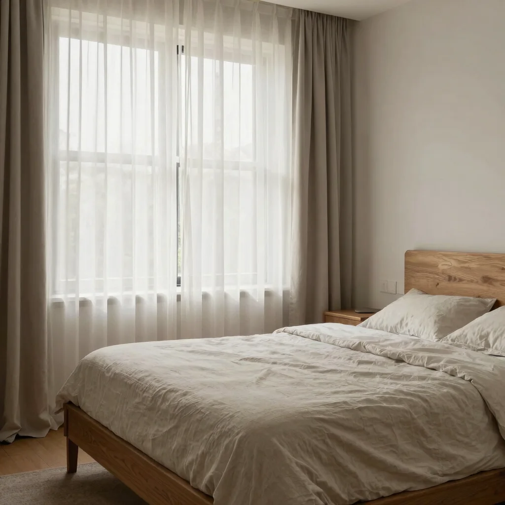 Editorial photograph of a completed bedroom with soft morning win